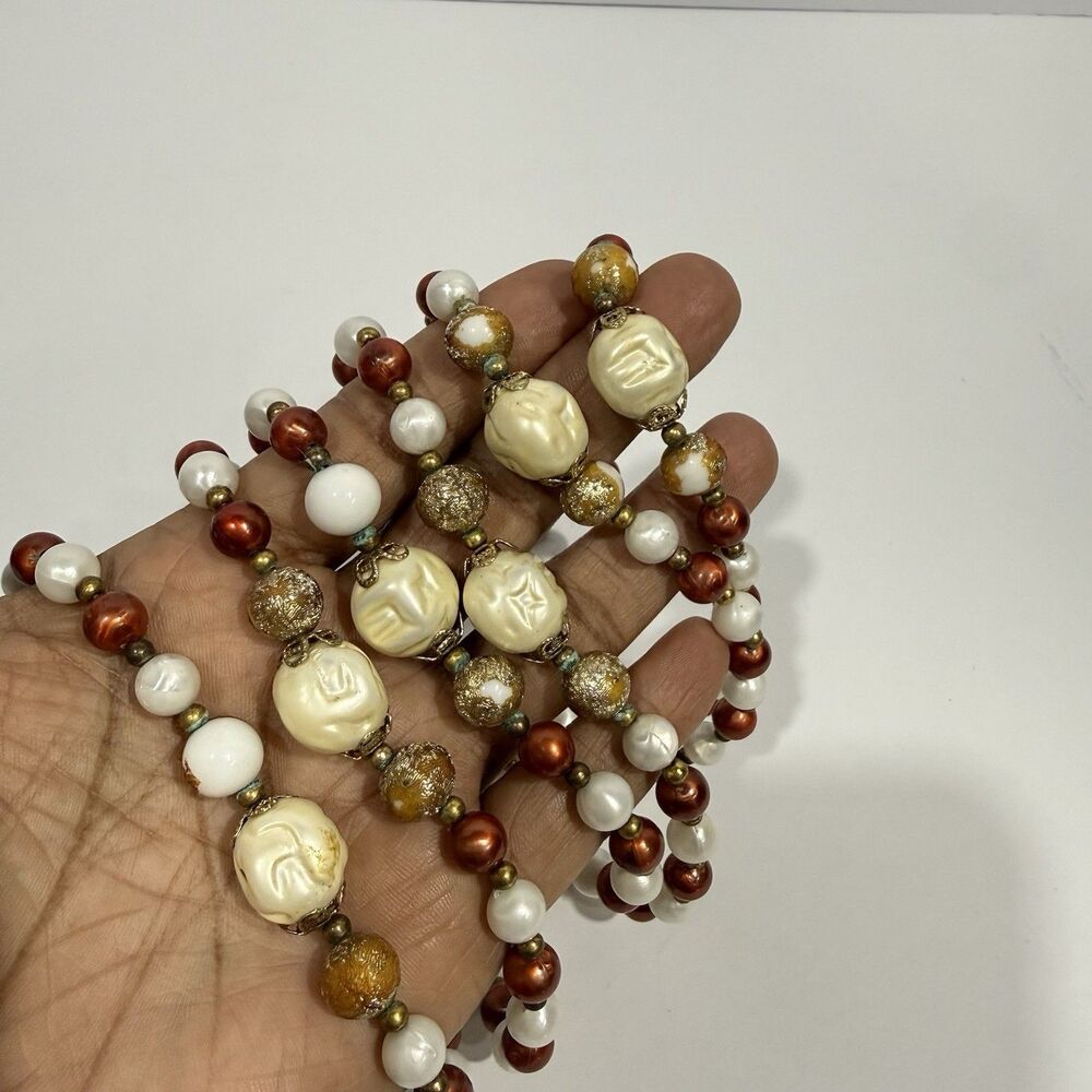 Vintage CORO Signed Faux Pearl Beaded Long Layering Necklace Cream Brown Gold - Picture 14 of 16